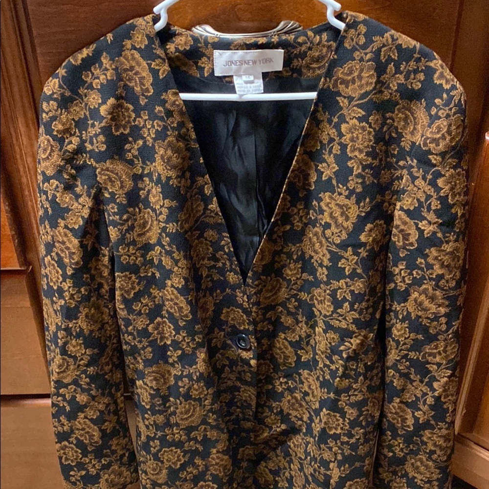 Vintage Jones NY Wool Black/Gold Blazer w/ Floral Brocade Business Professional